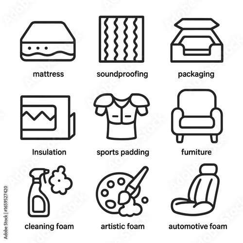 Foam Uses Icons. Outline icon set of foam uses: mattress padding, soundproofing, packaging protection, insulation layer, sports