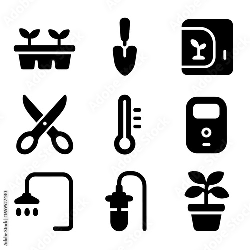 Indoor Farming Tools Icons. Solid, filled icons set of indoor farming tools: seedling tray, trowel, LED lamp,