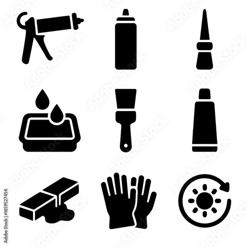 Industrial Adhesive Icons. Solid, filled icons set of industrial adhesive tools: caulking gun, industrial glue