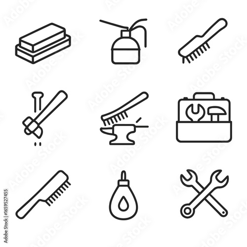 Forging Tools Icons. Outline icon set of forging tools maintenance: sharpening stone, oil can, wire brush, hammer handle, anvil