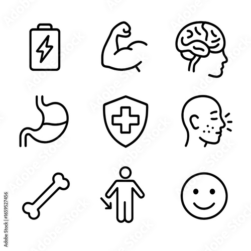 Nutrition Impact Icons. Outline icon set of nutrition impact: energy level, muscle growth, brain function, digestion, immunity,