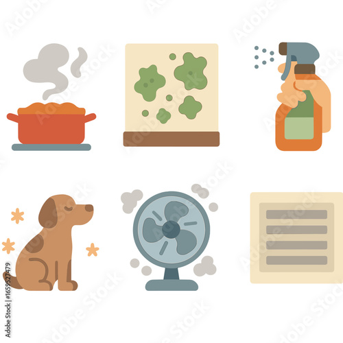 Indoor Pollution Icons. Flat vector mini-illustrations Indoor air pollution sources in colors children's
