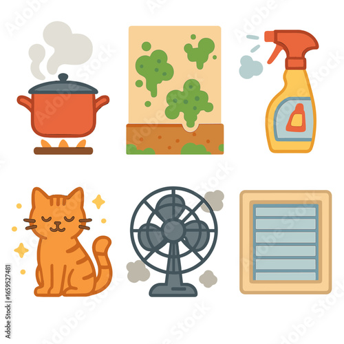 Indoor Pollution Icons. Flat vector mini-illustrations Indoor air pollution sources in colors children's