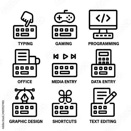 Keyboard Use Cases Icons. Outline icon set of keyboard use cases: typing, gaming, programming, office work, media control, data