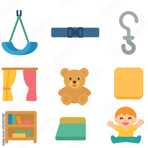 Indoor Sensory Swing Icons. Flat vector mini-illustrations indoor sensory swing in colors children's