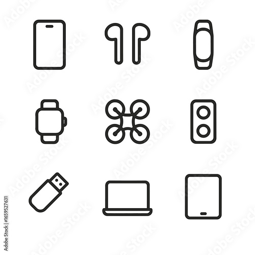 Lightweight Electronics Icons. Outline icon set of lightweight electronics: smartphone, wireless earbuds, fitness tracker,