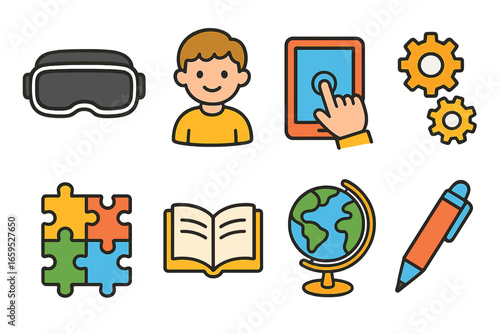 Interactive Learning Icons. Flat vector mini-illustrations interactive learning modules in colors children's