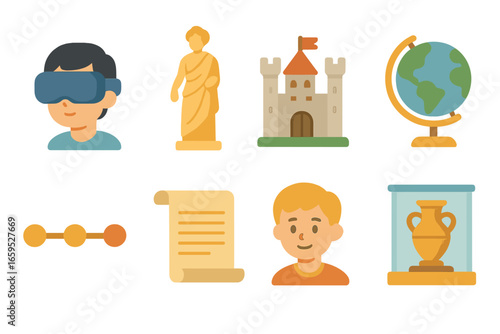 Interactive History Icons. Flat vector mini-illustrations immersive history lessons in colors children's