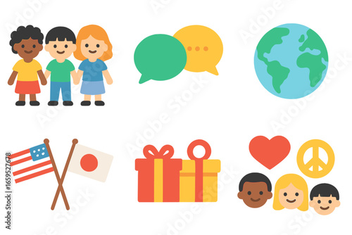 International Friendship Icons. Flat vector mini-illustrations International friendship in colors children's