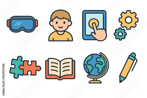 Interactive Learning Icons. Flat vector mini-illustrations interactive learning modules in colors children's