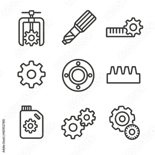 Gear Tools Icons. Outline icon set of gear tools and parts: gear puller, gear cutter, gear rack, pinion, gear wheel, gear housing,