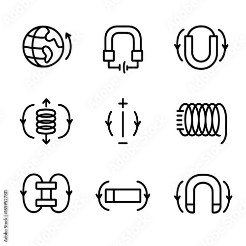 Magnetic Field Icon Set. Outline icon set of magnetic field sources: earth magnetism, electromagnet, permanent magnet, coil with
