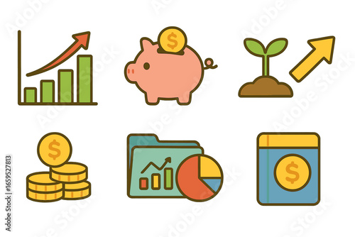Investing Icon Set. Flat vector mini-illustrations long-term investing in colors children's illustrations: