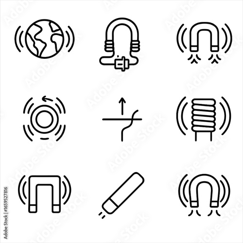 Magnetic Field Icon Set. Outline icon set of magnetic field sources: earth magnetism, electromagnet, permanent magnet, coil with