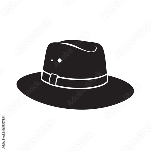 Elegant black fedora hat silhouette with white trim and decorative details on a white background