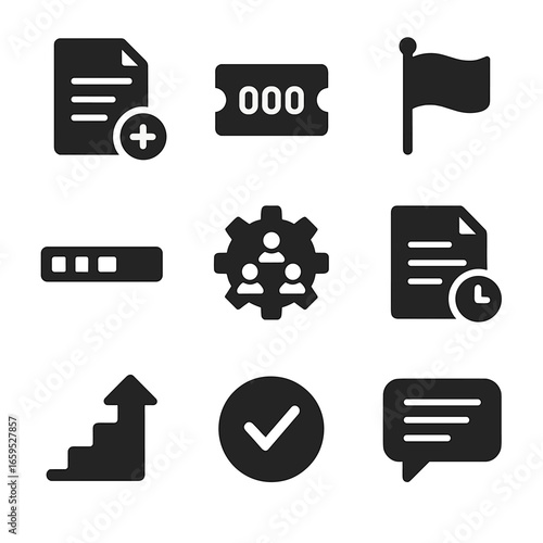 IT Ticket Icons Grid. Solid, filled icons set of IT ticketing system: new request form, ticket number,