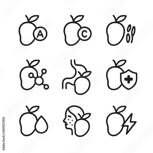 Mango Health Icons. Outline icon set of mango health benefits: vitamin A, vitamin C, fiber, antioxidants, digestion, immune boost,