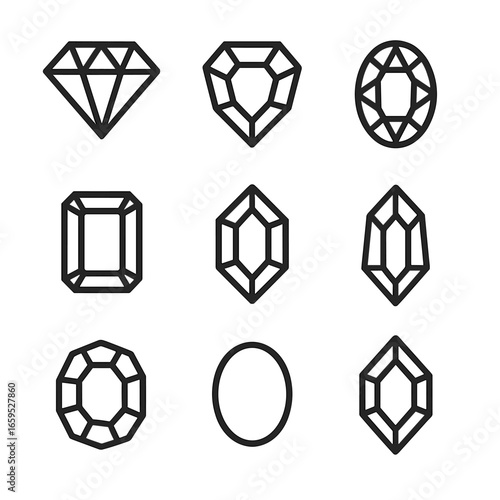 Gemstone Icon Grid. Outline icon set of gemstones: diamond, ruby, sapphire, emerald, amethyst, topaz, garnet, opal, aquamarine.