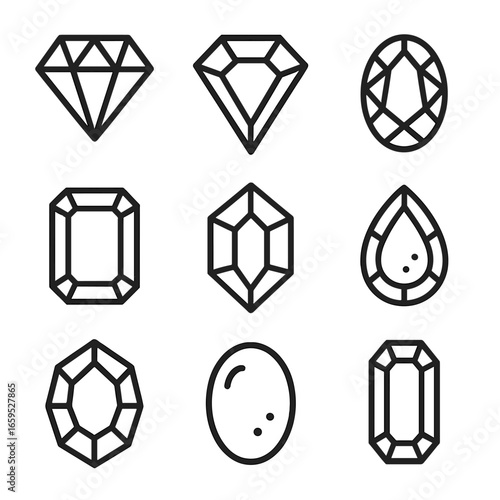 Gemstone Icon Grid. Outline icon set of gemstones: diamond, ruby, sapphire, emerald, amethyst, topaz, garnet, opal, aquamarine.