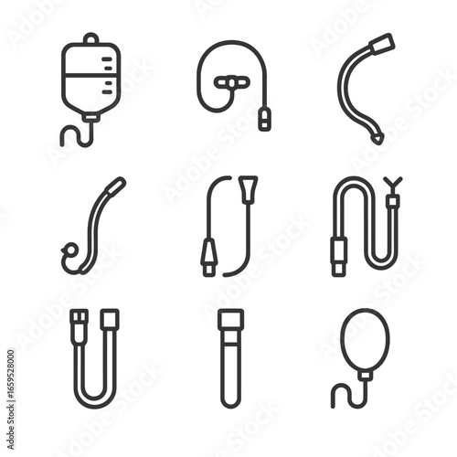 Medical Tubes Icons. Outline icon set of medical tubes: IV drip, oxygen tube, catheter, endotracheal tube, feeding tube, suction