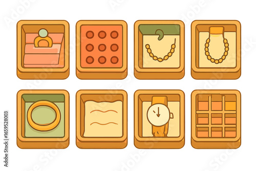 Jewelry Drawer Illustrations. Flat vector mini-illustrations Jewelry drawer dividers in colors children's