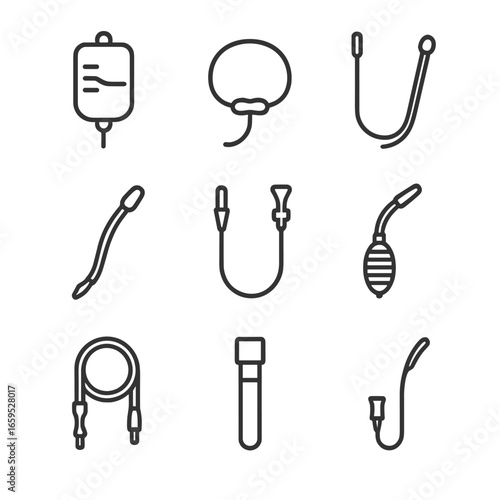 Medical Tubes Icons. Outline icon set of medical tubes: IV drip, oxygen tube, catheter, endotracheal tube, feeding tube, suction
