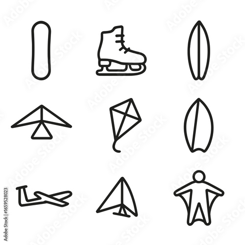 Glide Sports Icons. Outline icon set of glide sports equipment: snowboard, ice skates, rollerblades, surfboard, hang glider, kite,