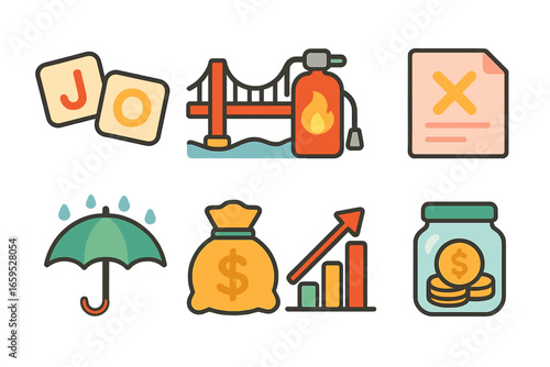 Job Market Icons. Flat vector mini-illustrations Risk and stability in jobs in colors children's illustrations