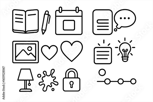Journaling Icons Grid. Outline vector icons of journaling and personal insight: notebook, writing pen, date
