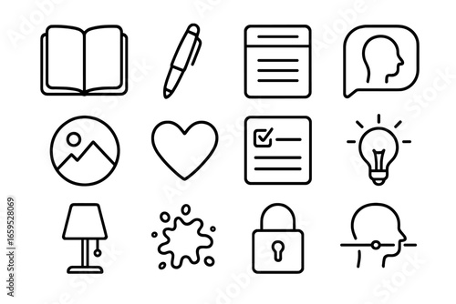 Journaling Icons Grid. Outline vector icons of journaling and personal insight: notebook, writing pen, date