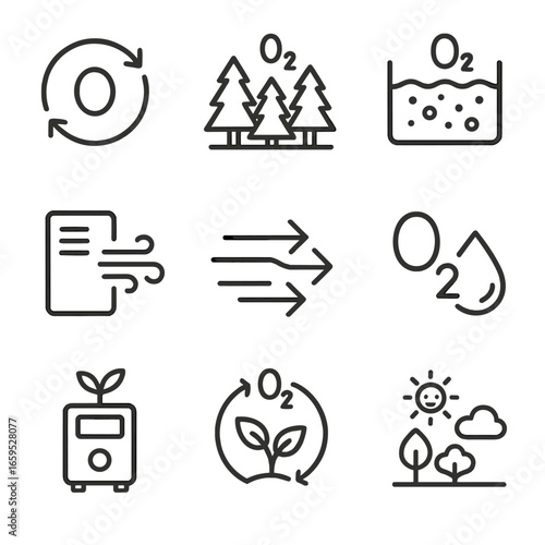 Oxygen and Environment Icons. Outline icon set of oxygen and environment: oxygen cycle, forest with oxygen symbols, water