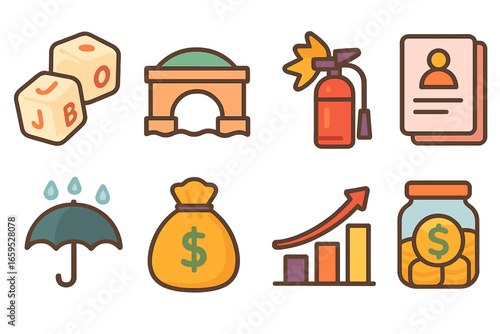 Job Market Icons. Flat vector mini-illustrations Risk and stability in jobs in colors children's illustrations