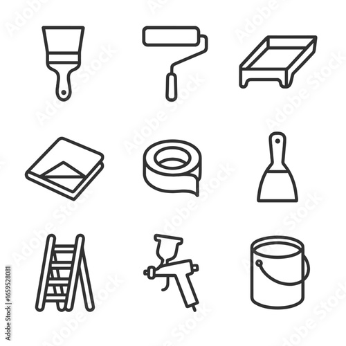 Painting Tools Icons. Outline icon set of painting tools: paintbrush, roller, paint tray, drop cloth, masking tape, paint scraper,