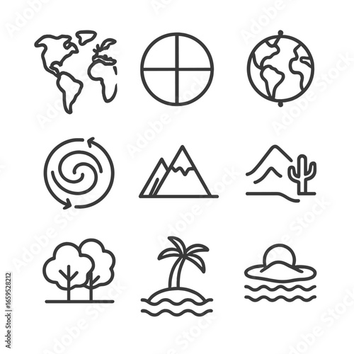 Global Geography Icons. Outline icon set of global geography: continents, equator, poles, hemispheres, ocean currents, mountain
