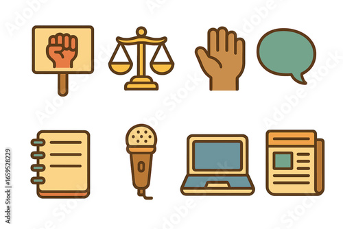 Justice Icons Grid. Flat vector mini-illustrations social justice awareness in colors children's illustrations