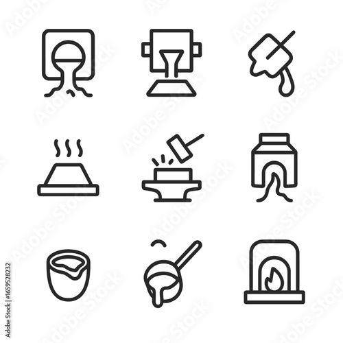 Molten Metal Icons. Outline icon set of molten processes: melting furnace, casting mold, pouring molten metal, cooling cast,