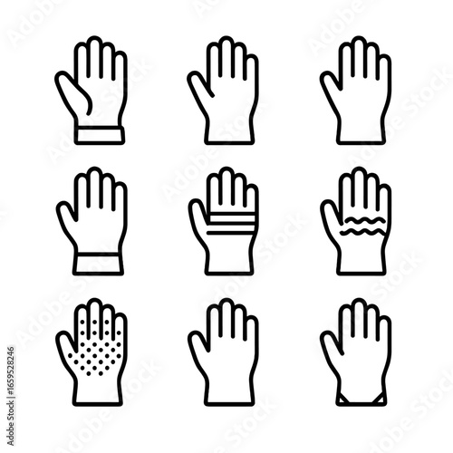 Glove Material Icons. Outline icon set of gloves materials: leather, latex, nitrile, neoprene, cotton, wool, silicone, PVC, Kevlar