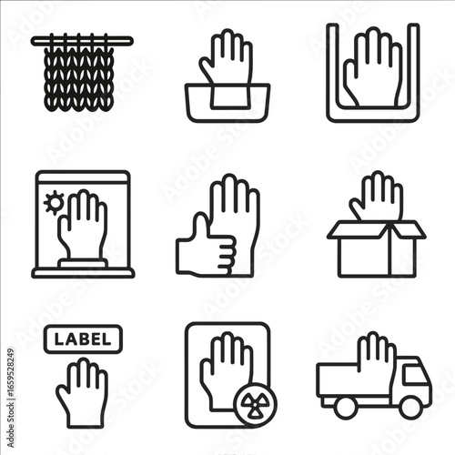 Glove Production Icons. Outline icon set of glove manufacturing steps: knitting, dipping, molding, curing, quality control,