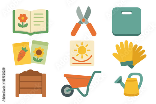 June Garden Icons. Flat vector mini-illustrations June garden maintenance tasks in colors children's