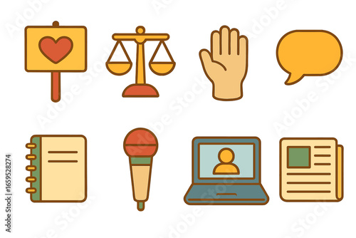 Justice Icons Grid. Flat vector mini-illustrations social justice awareness in colors children's illustrations