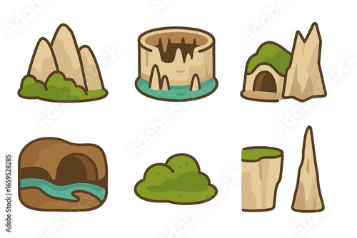 Karst Biome Icons. Flat vector mini-illustrations Karst landscape biome in colors children's illustrations: