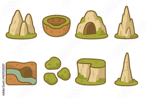 Karst Biome Icons. Flat vector mini-illustrations Karst landscape biome in colors children's illustrations: