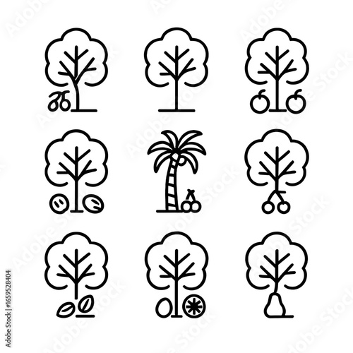 Grove Icon Set. Outline icon set of grove types: olive grove, orange grove, apple orchard, walnut grove, palm grove, cherry grove,