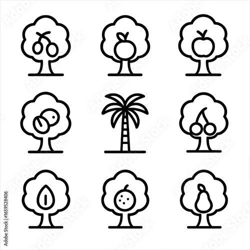 Grove Icon Set. Outline icon set of grove types: olive grove, orange grove, apple orchard, walnut grove, palm grove, cherry grove,