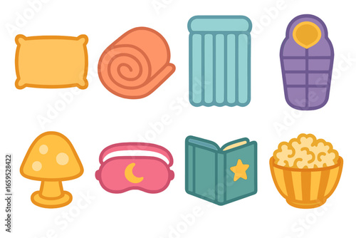 Kid's Cozy Sleepover. Flat vector mini-illustrations Sleepover bed setup in colors children's illustrations: