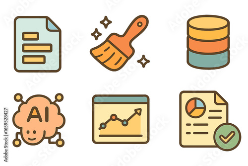 Kid-Friendly Data Workflow. Flat vector mini-illustrations Data science workflow in colors children's