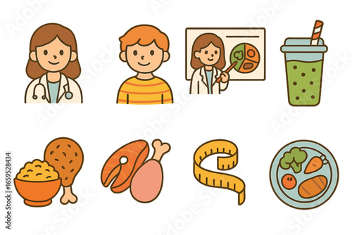 Kid's Nutrition Icons. Flat vector mini-illustrations Personalized nutrition advice in colors children's