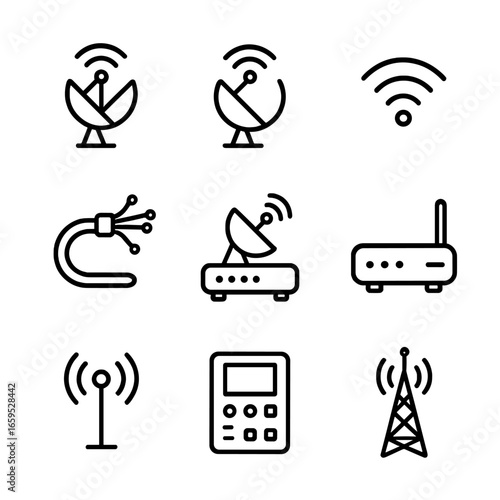 Ground Station Icon Set. Outline icon set of ground station communication: uplink antenna, downlink antenna, signal waves, fiber
