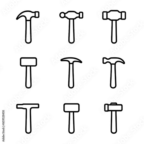 Hammer Icon Set. Outline icon set of hammer types: claw hammer, ball peen hammer, sledgehammer, mallet, tack hammer, cross peen