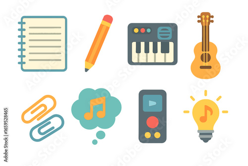 Kid's Songwriting Tools. Flat vector mini-illustrations Songwriting setup for kids in colors children's